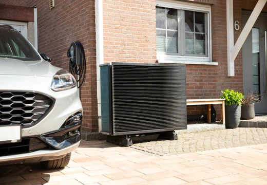Wärmepumpe vor dem Haus und eine installierte Wallbox